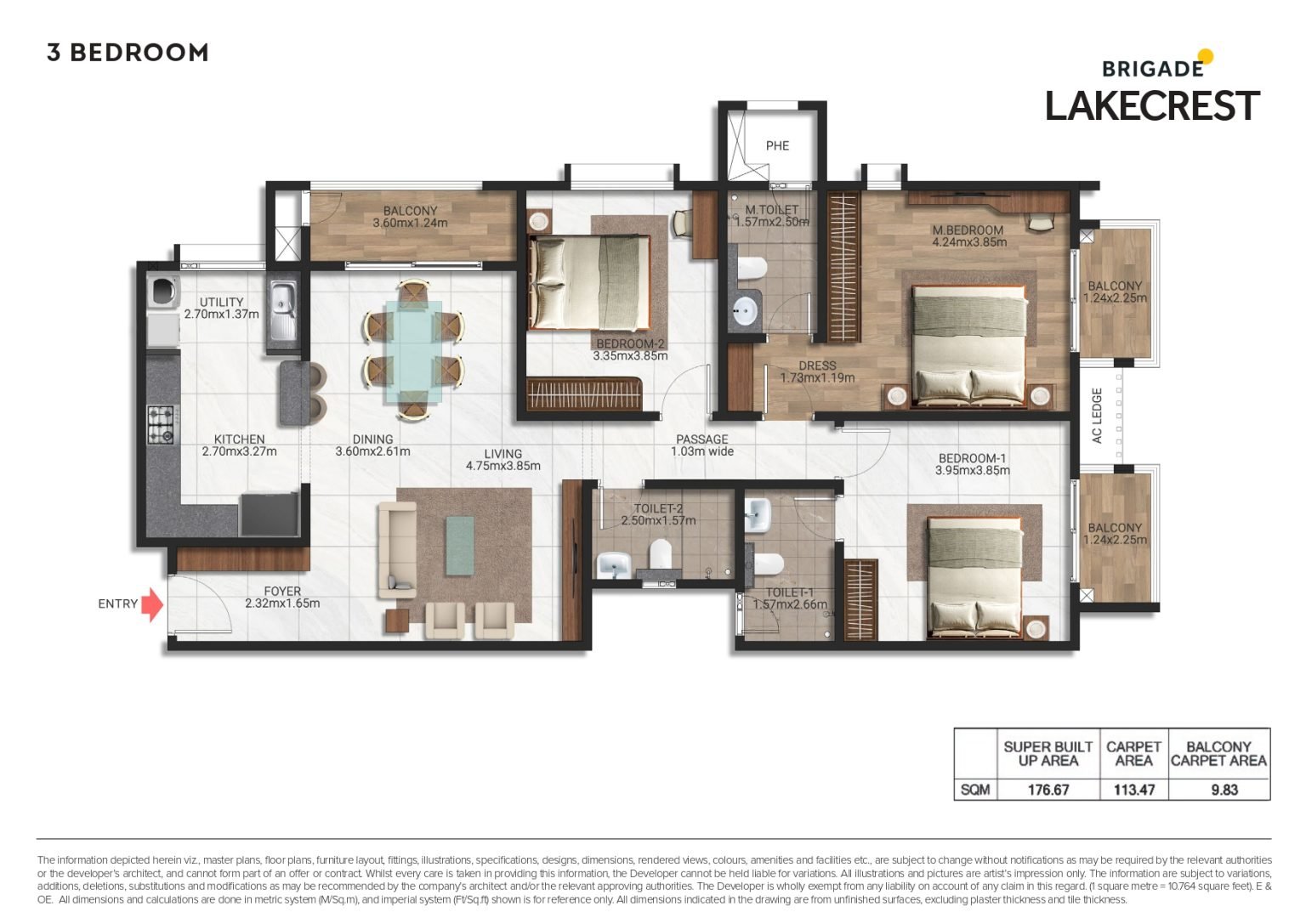 Brigade Lakecrest 3 BHK Floor Plan layout